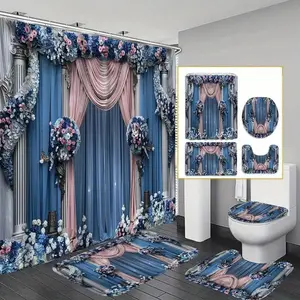 1/4 pcs blue floral and curtain pattern shower curtain set, non-slip mat, U-shaped rug, toilet seat cover, perfect for bathroom décor, includes 12 shower curtain hooks, Bathroom decoration accessories, Shower Essentials, Bathroom Accessory