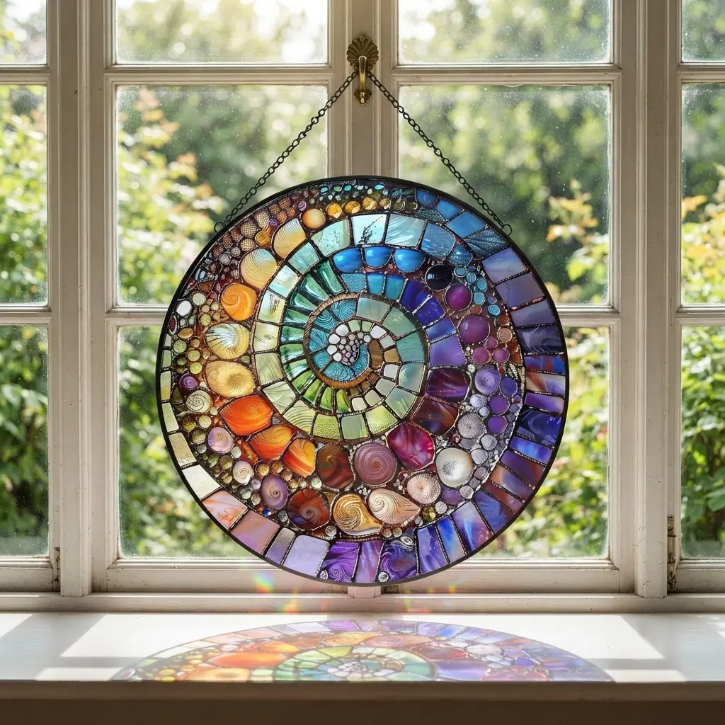 Stunning Stained Glass Spiral Window Hanging – Round Colorful Suncatcher with Ocean Sea Shell Motif – Aesthetic Glass Mosaic Wall Art for Home, Living Room, Porch, & Window Decor – Unique Gift for Nature Lovers,Suncatcher Stained Glass Coastal Beach Gift