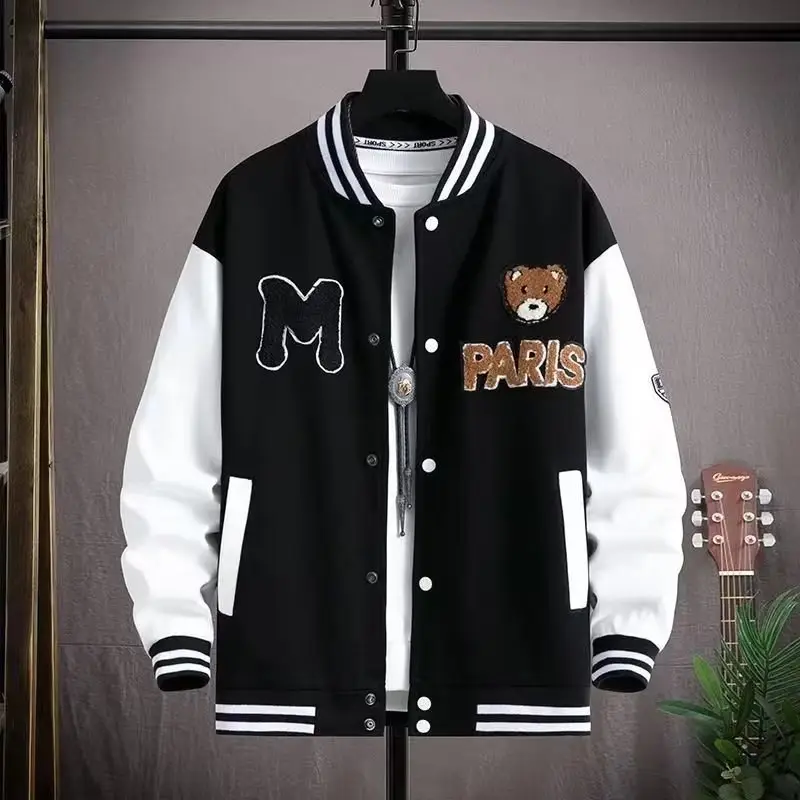 Varsity Jacket, Black & White Baseball Style with Teddy Bear Patch, Unisex Casual Outerwear, Trendy Streetwear Fashion
