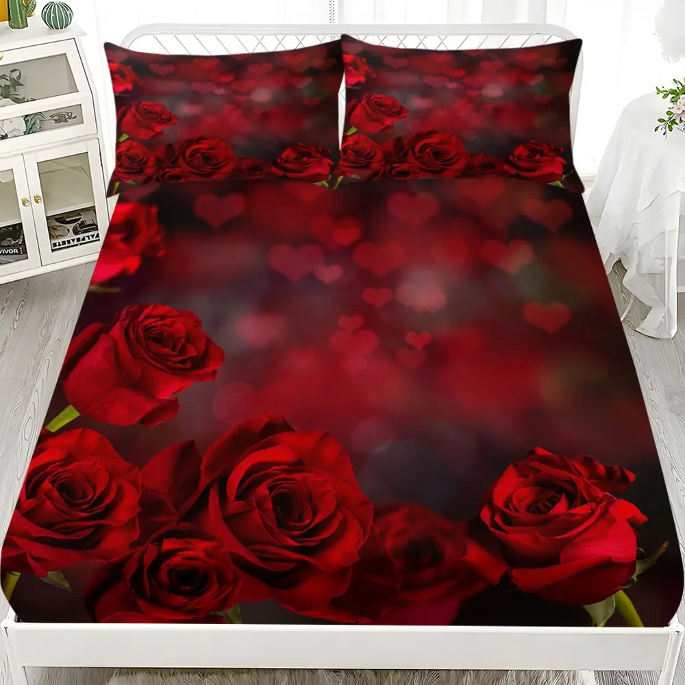 Bed Sheet Set (1 Fitted Sheet + 2 Pillowcases), Floral Sheets, Polyester Bedding Set, Modern Style, Comfortable and Aesthetic, Suitable for Dorms and Hotels, All Seasons, Decorative Bedsheet Sets