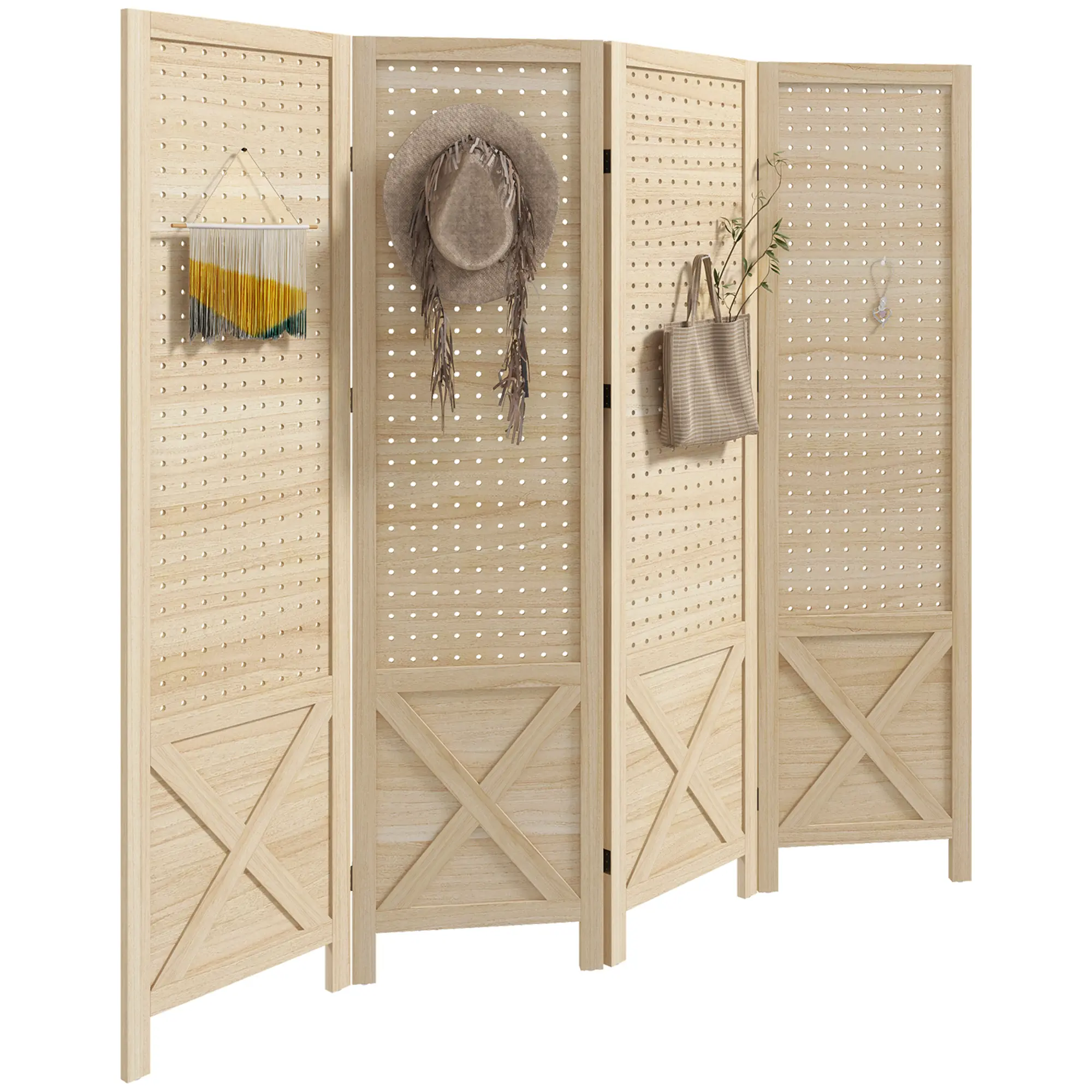 4 Panel Wooden Room Divider – Natural. Pegboard Display + X-Shaped Pattern. Solid Wood Frame + Metal Hinges + Anti-Slip Feet. No Assembly Required