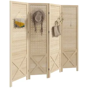4 Panel Wooden Room Divider – Natural. Pegboard Display + X-Shaped Pattern. Solid Wood Frame + Metal Hinges + Anti-Slip Feet. No Assembly Required