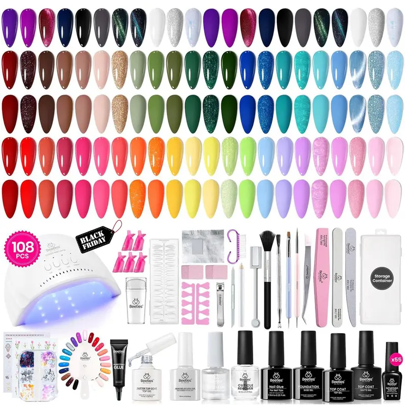 Beetles Gel Nail Polish Starter Kit【UV Light&Top Base Gel&Diamond Decorations&Stickers&Manicure Tools】DIY Nails Art Gift for girl Gift for woman gel x nails salon nails at home Curtics Fall Nail Halloween Nail Black Friday Winter Nail Christmas Gift