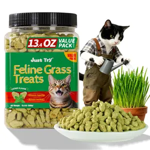 Just Try Cat Grass Treats with Salmon & Catnip | Hairball control and Training treats | Teeth cleaning snack Reduce plaque  (13.4oz, Salmon & Catnip Flavor)