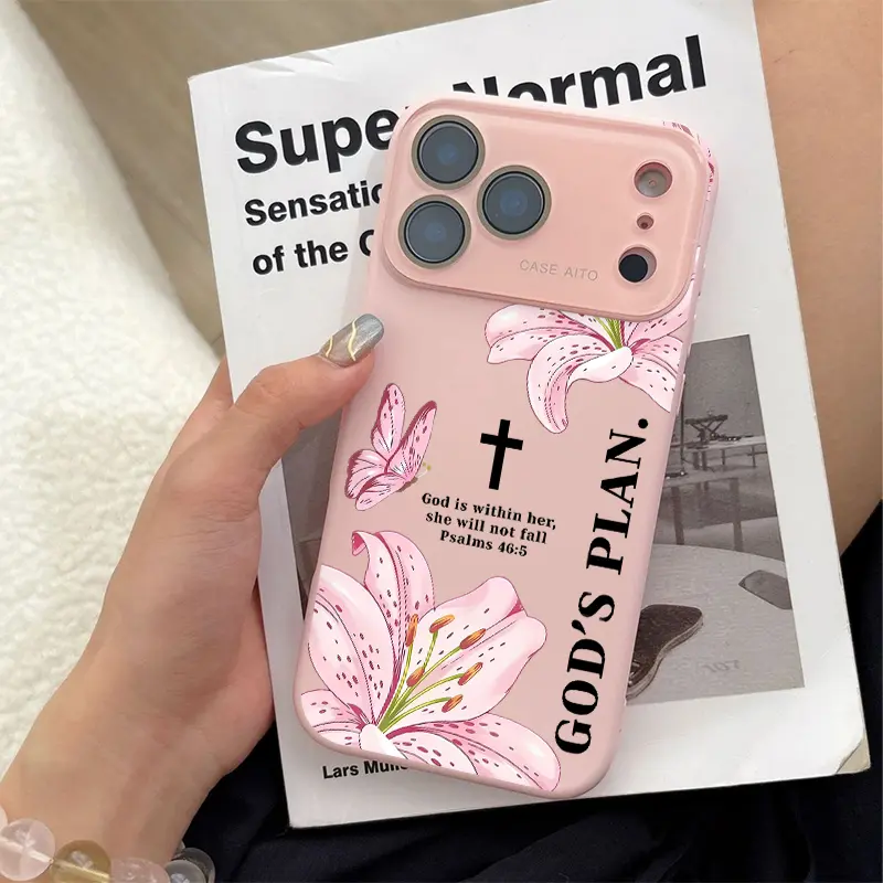 Lily & Butterflies Cross Design Smartphone Case with Inspirational Psalms 46:5 Verse, Smooth Matte Surface, Skin-Friendly Grip, Drop-Proof & Dustproof Cellphone Accessory for iPhone 17-12 Devices, Smooth Surface
