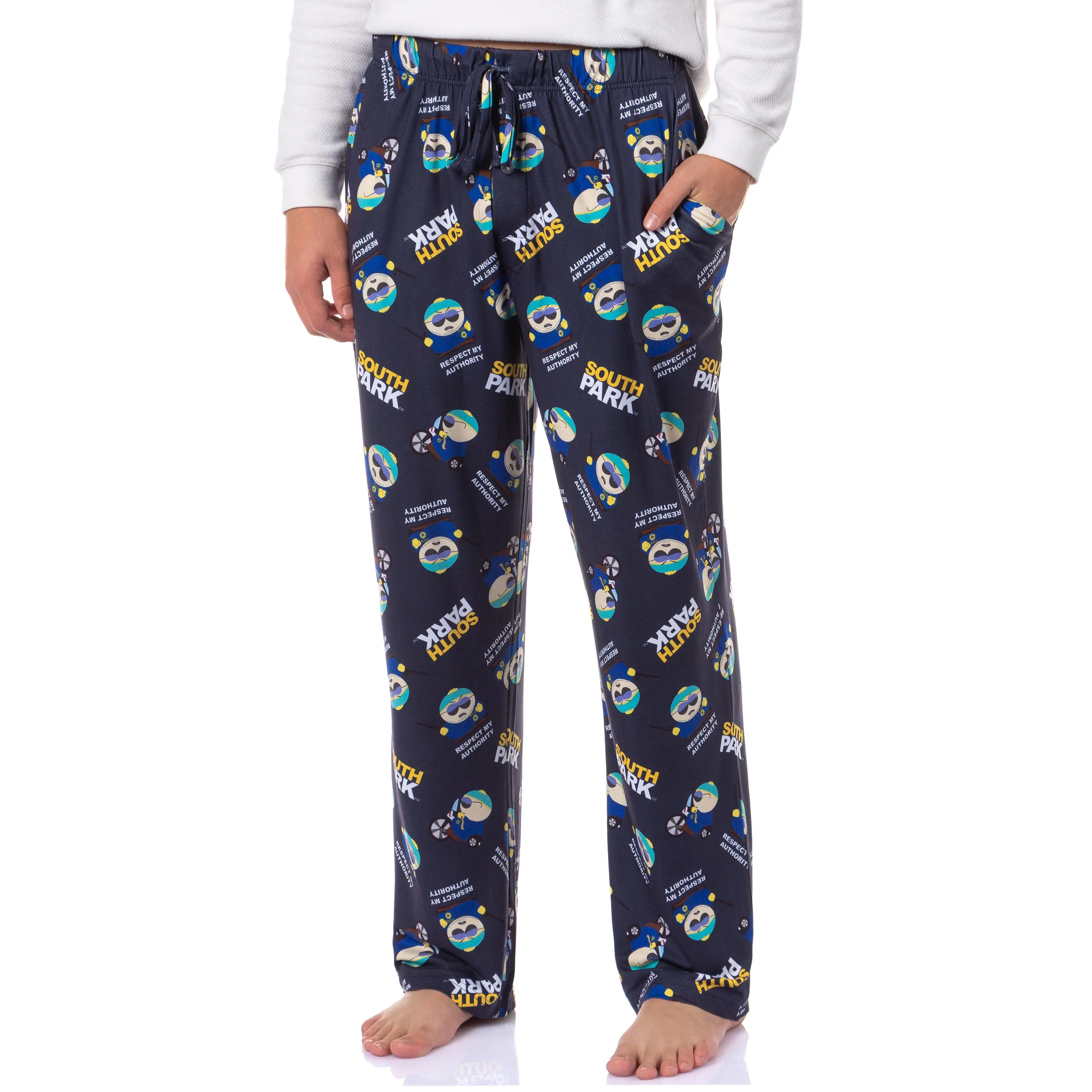 PJammy Men's South Park Cartman "You Will Respect My Authority" Silky Fabric Tossed Print Tie-Waist Nightwear Pajama Pants (Menswear Sleep & Loungewear for Adults), Pyjamas, Comfy, Elastic, Breathable, Soft, Eric Cartman, Button Fly, Relaxed Fit, Cartman