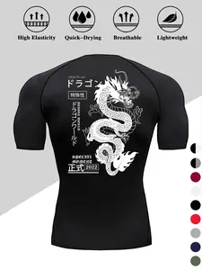 Men's Dragon Print Compression T-Shirt, Quick-Dry Breathable Stretch Fabric, Tight-Fitting Short Sleeve Top, Active Top, Sportswear Top, Activewear Clothing, for Fitness and Outdoor Activities, Athletic Compression Shirts, Fitness Clothes