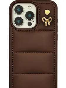 Brown Puff Phone Case – Initial Series Gold Pins (Bowl + Customizable Heart Initial A–M)
