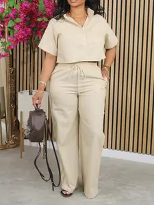 Two-Piece Set Women's Solid Button Front Pocket Shirt & Drawstring Waist Pants, Casual Drop Shoulder Short Sleeve Fitted Top & High Waist Trousers for Summer, Ladies Clothes for Daily Wear