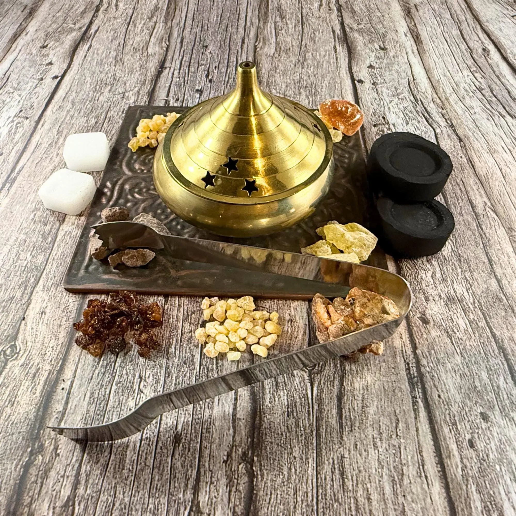 Scented Cast Iron Resin Burning Hanging Pot Kit - 0.5oz Basics Home Fragrance Set with Stainless Steel Tongs, Charcoal Burner, Charcoal Tablets, Camphor Blocks, Frankincense, Myrrh, Benzoin, Dragon's Blood for Experienced Practitioners, All Seasons