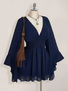 Women's Western Solid Color Deep Shirred Shirred Waist Flare Sleeve Fashionable Mini Dress Long Sleeve Blue Dress Lantern Sleeve Dress Navy Blue Dress Spring To Summer
