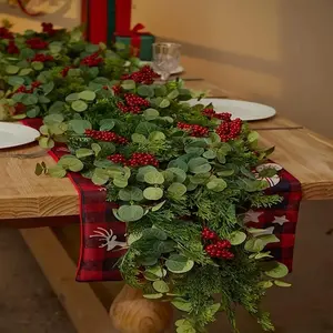 Artificial Christmas Garland - Realistic Pine & Cypress with Eucalyptus Leaves and Red Berries, Perfect for Indoor/Outdoor Holiday Decor, Christmas Decor