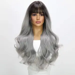 SMILCO/28 Inches |Ombre Grey | Daily Style |Body Wave Hair With Bangs | SM7610