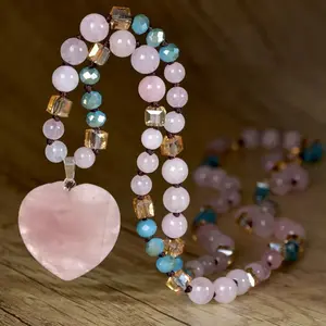 Rose Quartz Heart Shaped Pendant Stone Crystal Beaded Knotted Necklace for Women Long Sweater Chain Boho Autumn Winter Jewelry