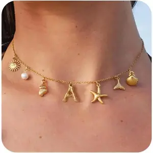 Charm Necklaces for Women, Trendy Boho 14K Gold Plated Initial Necklace Starfish Pearl SeaShells Shell Sun Pendant Choker Necklace Summer Beach Jewelry for Women Gift