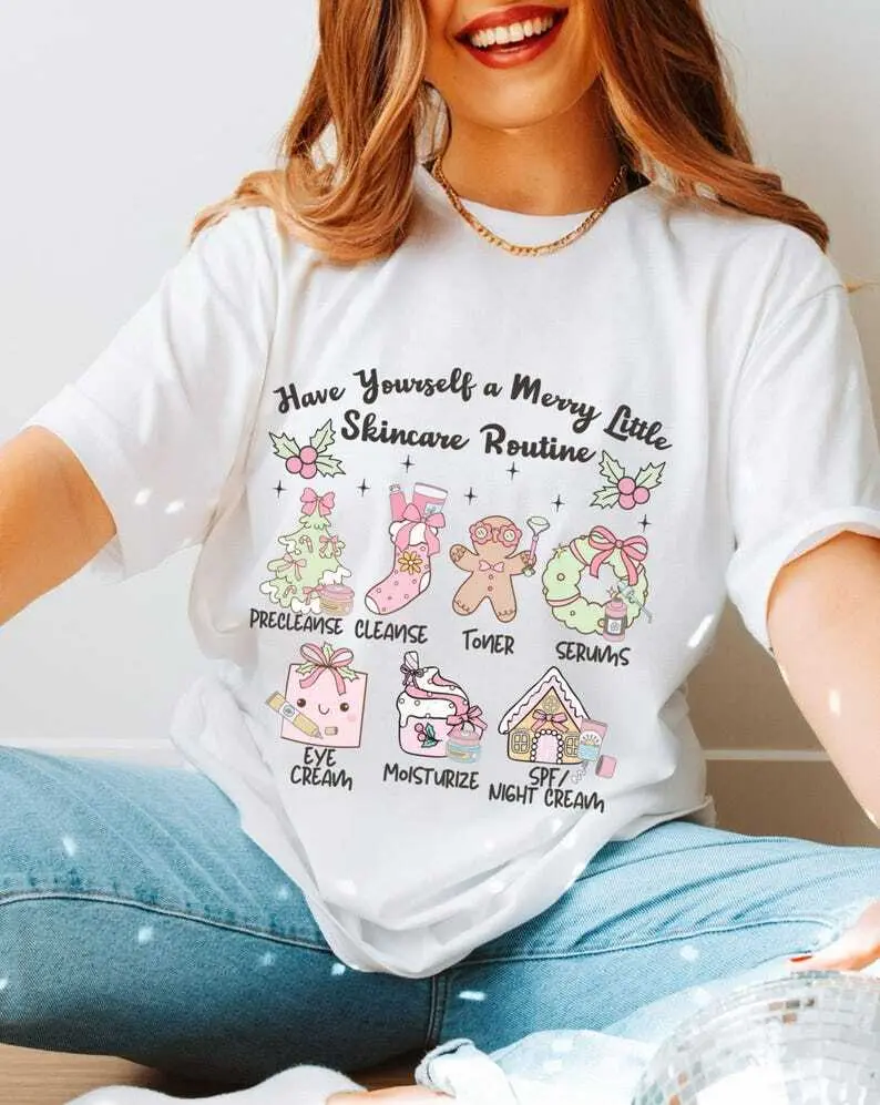 Esthetician Christmas Tee, Skincare Routine Shirt, Dermatology Nurse Gift, Medspa Group Top, Holiday Esthetician Apparel Fabric Womenswear