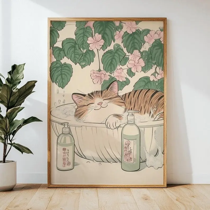 Tabby cat in bathtub, Japanese bathroom decor, Japan art print, Aesthetic wall art, Neutral minimalist poster, gift cat poster