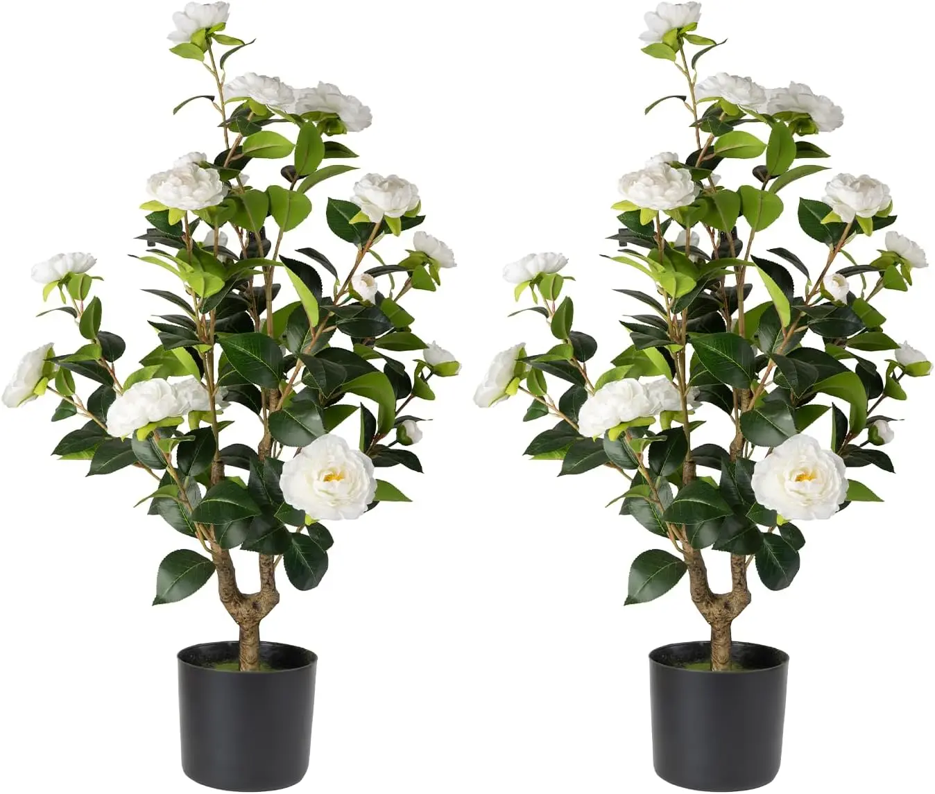 DLD  2 Pack 3FT Artificial Camellia Tree in Pots - Real Wood Trunk & UV Resistant Silk Faux Flowering Tree, Lifelike Potted Plants for Front Door Porch, Indoor Outdoor Home Office Decor (white/RED)
