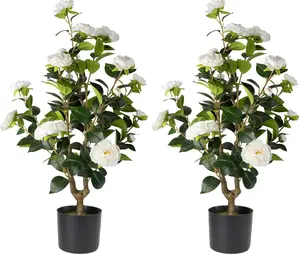 DLD  2 Pack 3FT Artificial Camellia Tree in Pots - Real Wood Trunk & UV Resistant Silk Faux Flowering Tree, Lifelike Potted Plants for Front Door Porch, Indoor Outdoor Home Office Decor (white/RED)