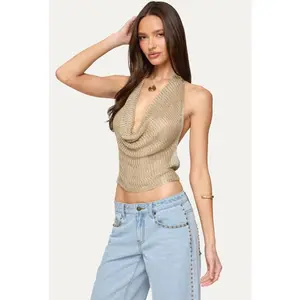 EDIKTED Shiny Knit Cowl Neck Backless Top