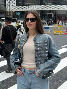 Women's Four-Season Fashionable Napoleonic Buttoned Denim Short Jacket, Long Sleeve Stand Collar Slim Fit, Street Retro Casual Wear