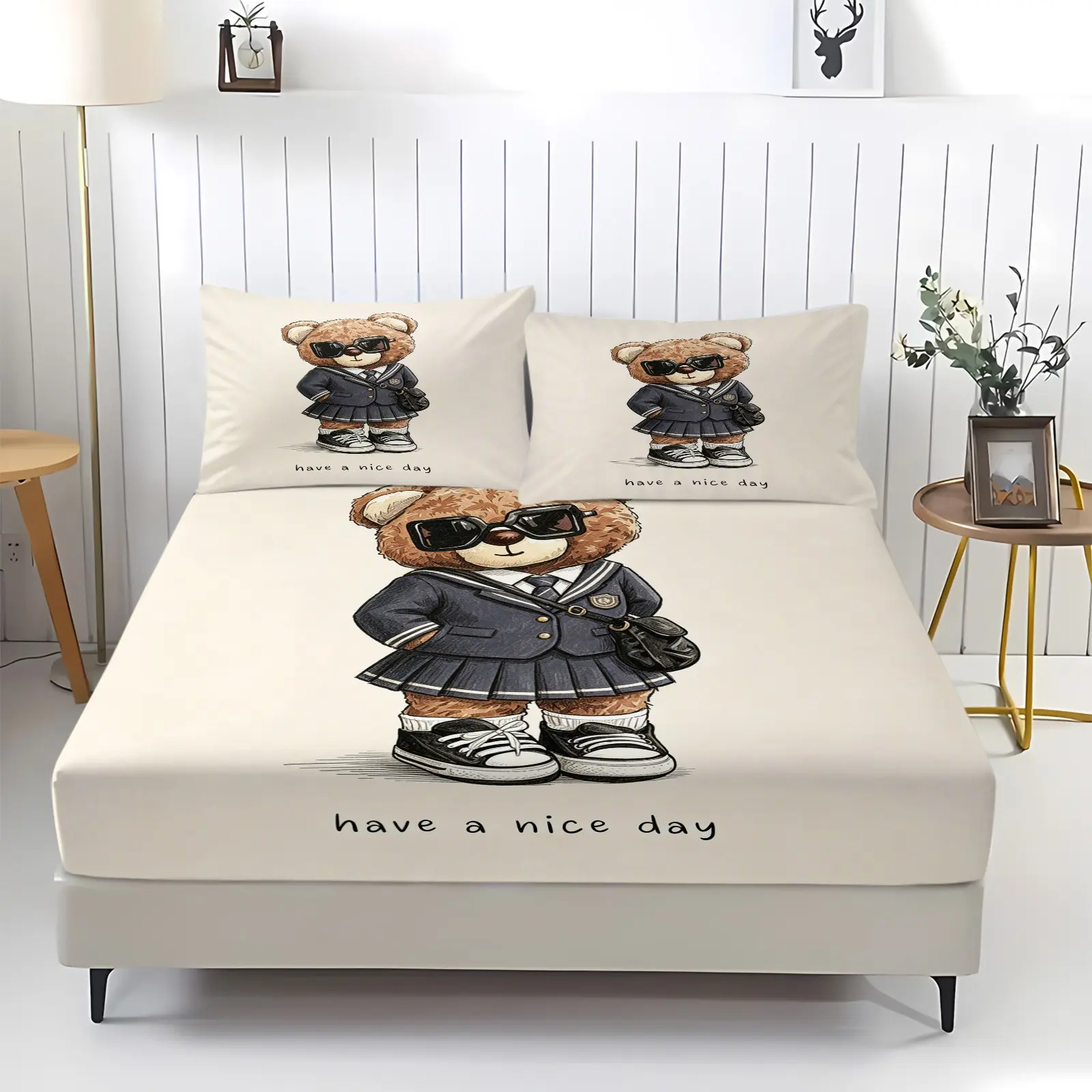 Cartoon teddy bear pattern printed bed sheet, Decorative Bedsheet Sets, Cute Bedding, including 1 bed sheet and 2 pillowcases, anti slip and dustproof cover, suitable for bedrooms, guest rooms, personal use or gift giving, Bedding Set