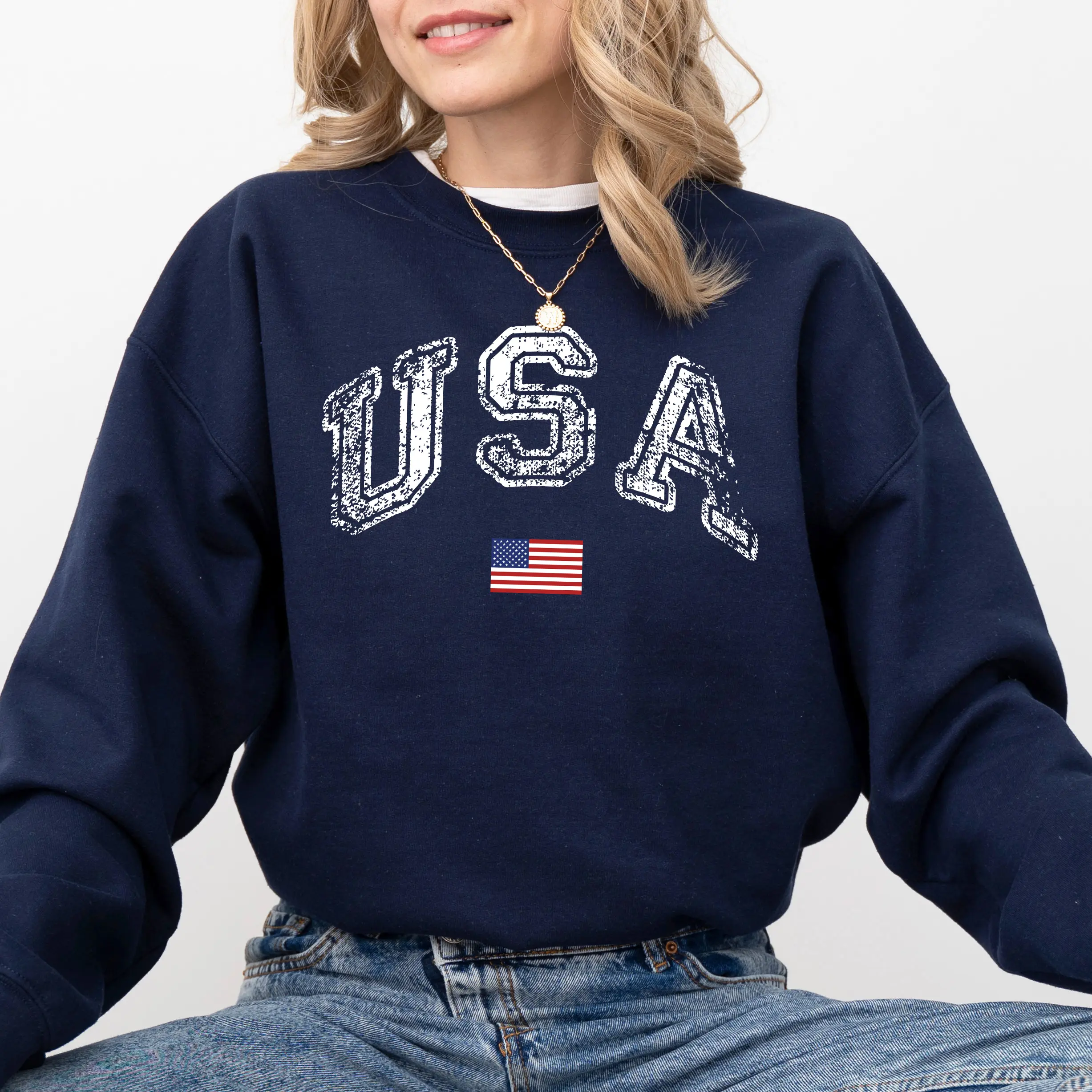 Vintage USA, Retro Flag, America, 4th of July Sweatshirt, Women's Crew Neck, Crewneck