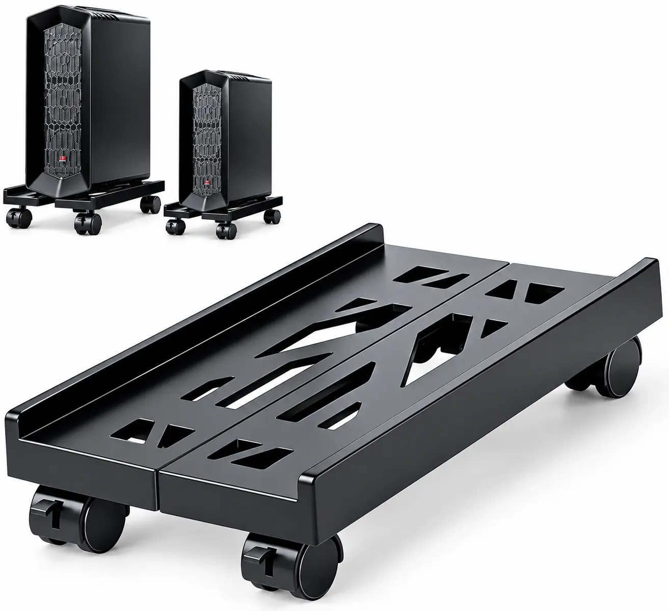 Heavy-Duty Adjustable Alloy Steel PC Tower Stand with 4 Caster Wheels, Universal CPU Holder, Ventilated Desktop Riser, Dust Protection, Space-Saving Under-Desk Storage, PC Accessories for Gaming Setup, Extends Tower Life via Airflow Boost