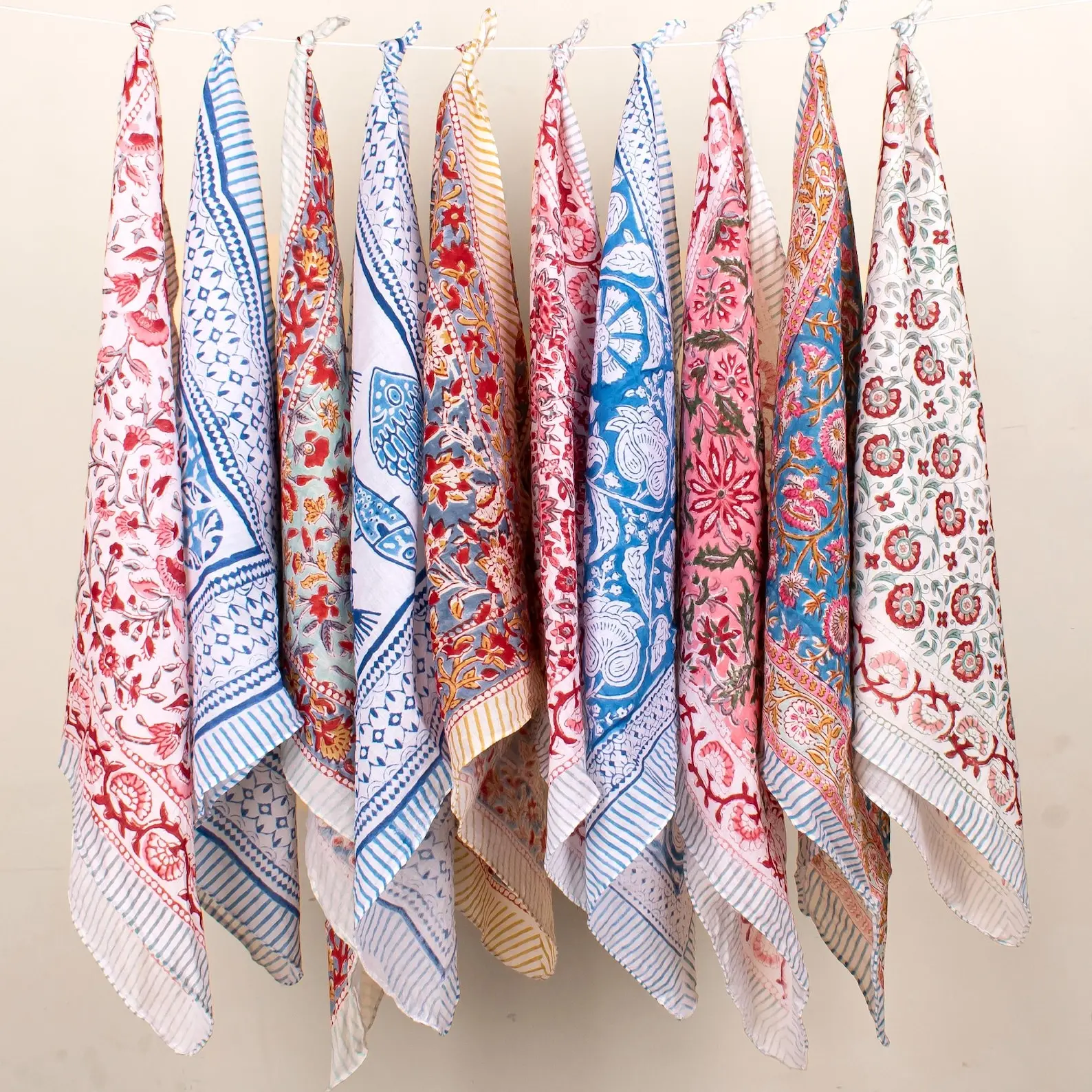Women Cotton Bandanas Set of 10 – Vintage Block Print Head Wrap | Lightweight Scarves, Western Square Scarf