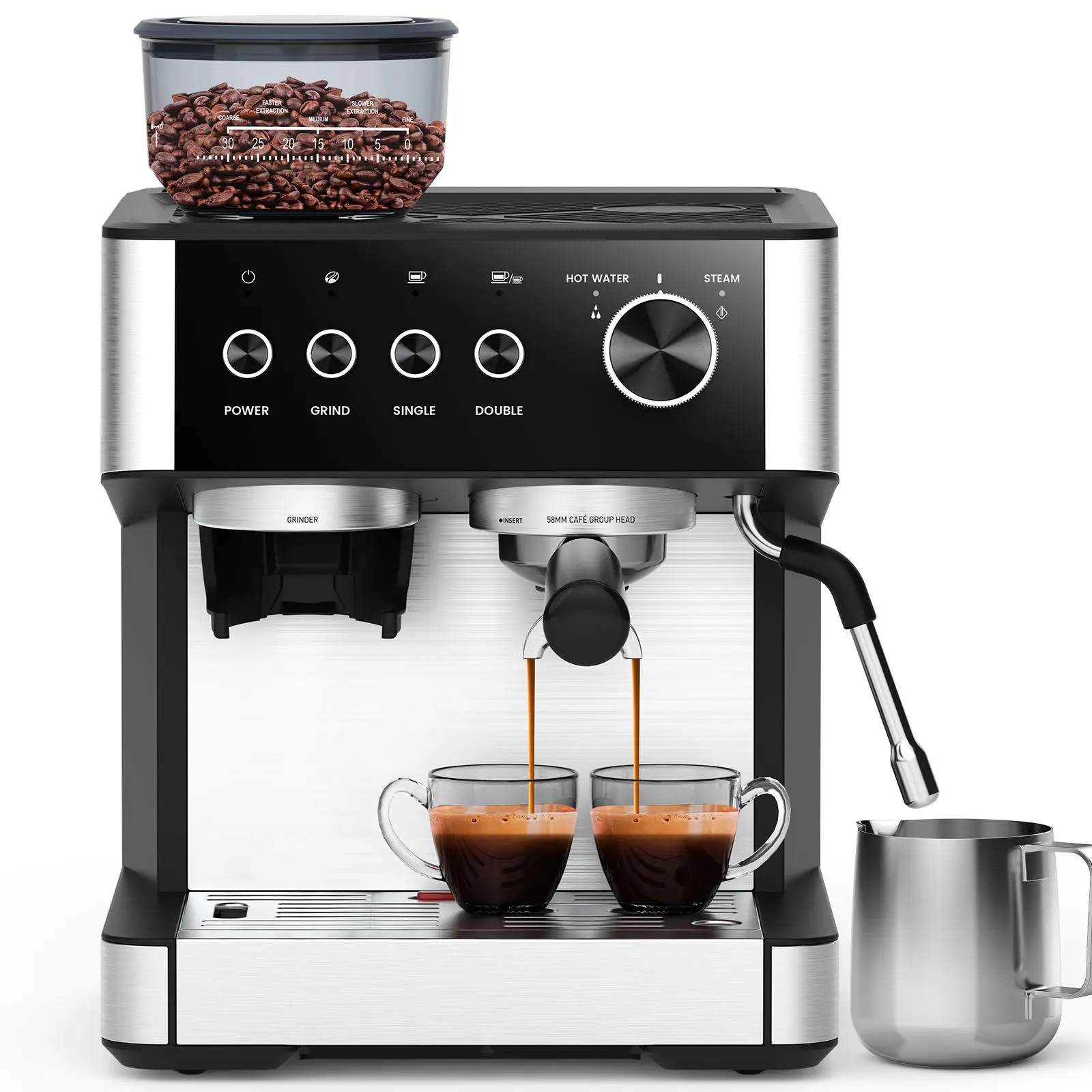 COWSAR Espresso Machine,58mm Commercial Brewing Head,15 Bar Professional Espresso Maker with Barista Coffee Grinder/Milk Frother,Coffee Machine for Espresso/Cappuccino/Latte,Forther integrated design,77.8oz Removable Water Reservoir, Ideal for Home/Office