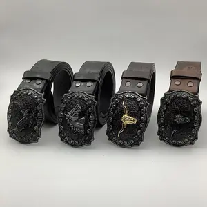 New Western Cowboy Belt for Men - Heavy Duty Embossed Bull Head Buckle Leather Belt, Vintage Biker & Music Festival Fashion