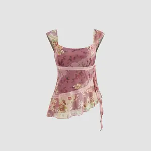 Cider Mesh U-neckline Floral Asymmetrical Ruffle Trim Knotted Tank Top