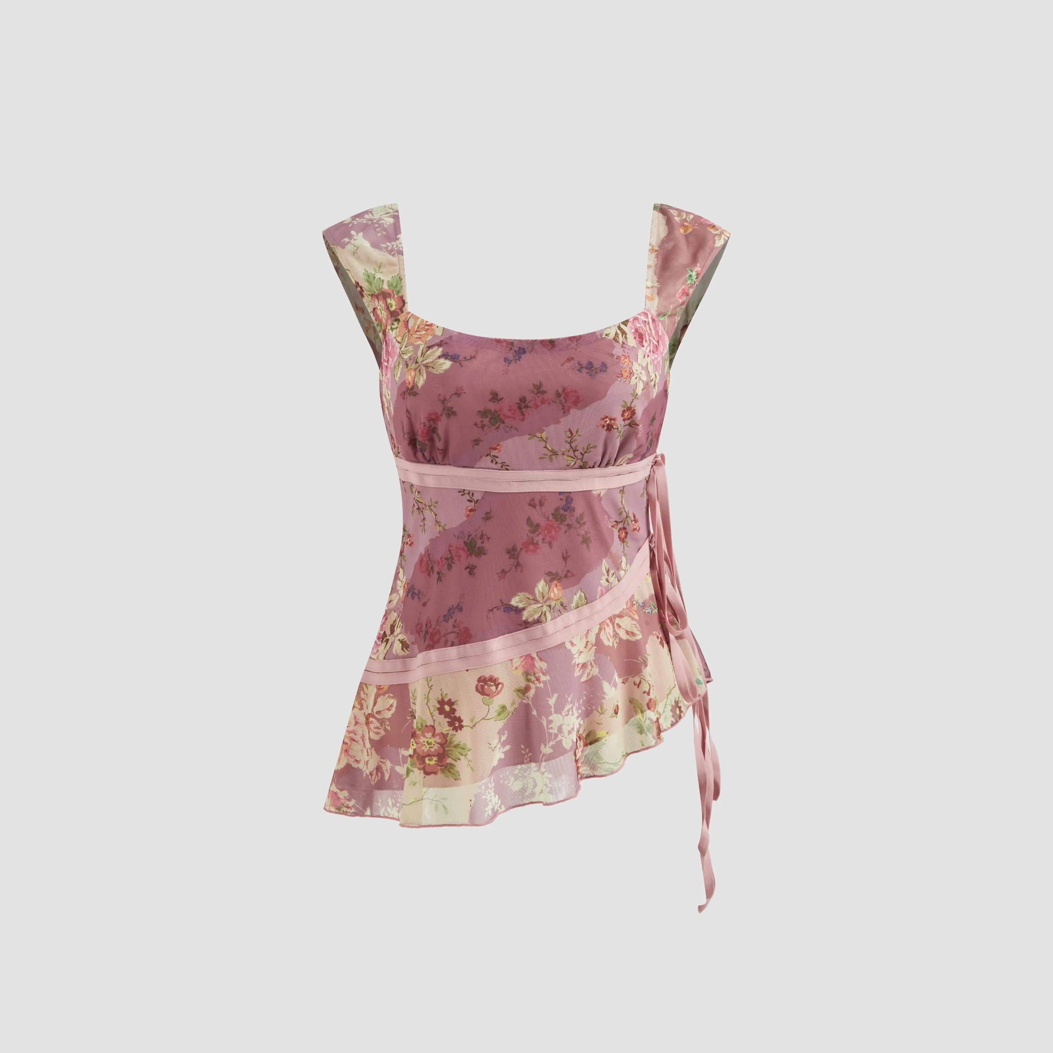 Cider Women's Floral Mesh Tank Top, Casual Chic Sleeveless U-Neck with Asymmetrical Ruffle Trim and Knotted Bust, Asymmetric Cut, Scoop Neck, Elastane, High Stretch, Ruffled Trim
