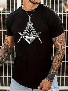 Men's Crew Neck Black T-Shirt with Masonic Eye of Providence Print for Casual Wear