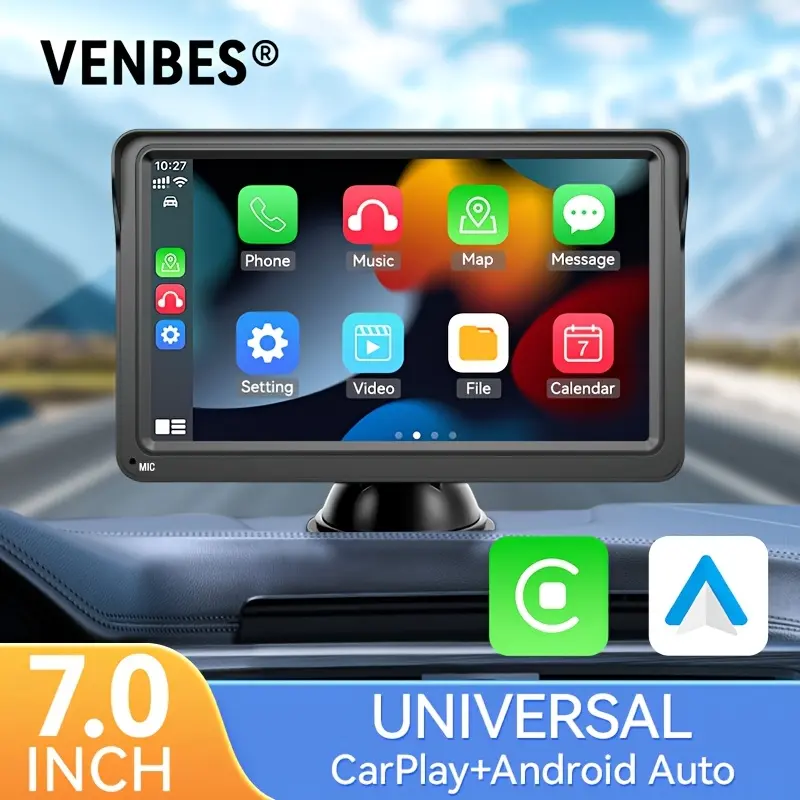 VENBES Universal Car Stereo Player, 7-Inch Touchscreen with CarPlay Android Auto, MirrorLink FM Radio, Wireless AUX 12-24V Power, No Battery Needed, Compatible with Most Vehicles