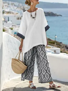 Women's Casual Set, Round Neck Three-Quarter Sleeve Blouse + Long Pants Design, Ideal for Daily Commuting