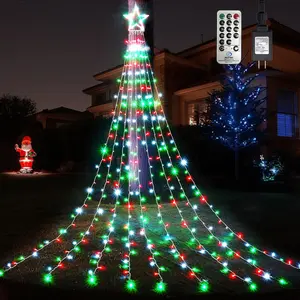 Outdoor Christmas Decorations with 12" Star Topper, 344 LED 11.9ft Waterfall Christmas Lights, Remote Control 8 Modes, 3 Timers, UL Listed Waterproof for Tree Roof Porch Decor, Red Green White