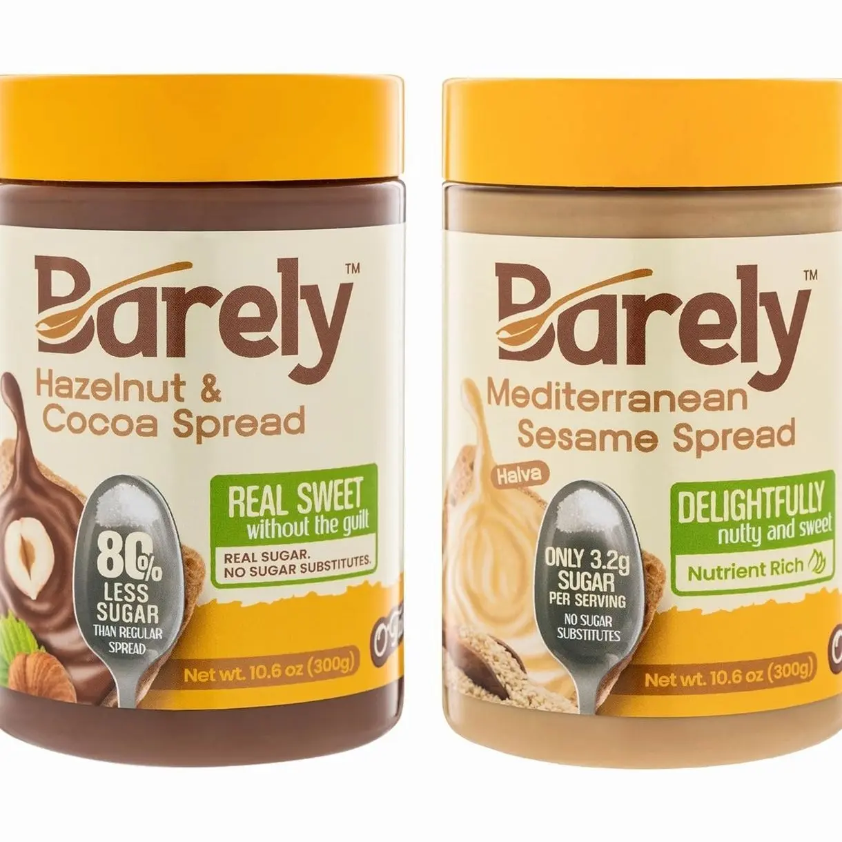 Hazelnut & Cocoa Spread, Sweet Mediterranean Sesame Spread, Variety Pack by Barely - Low Sugar & No Artificial Sweeteners, Vegan, Keto Friendly - 3.2 g Cane Sugar per Serving, 2-Pack