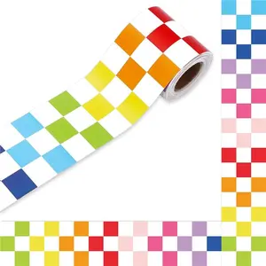 Whaline 32.8ft Checkered Bulletin Board Borders Colorful Checkered Die-Cut Rolled Border Trim for School Classroom Office Chalkboard Decoration
