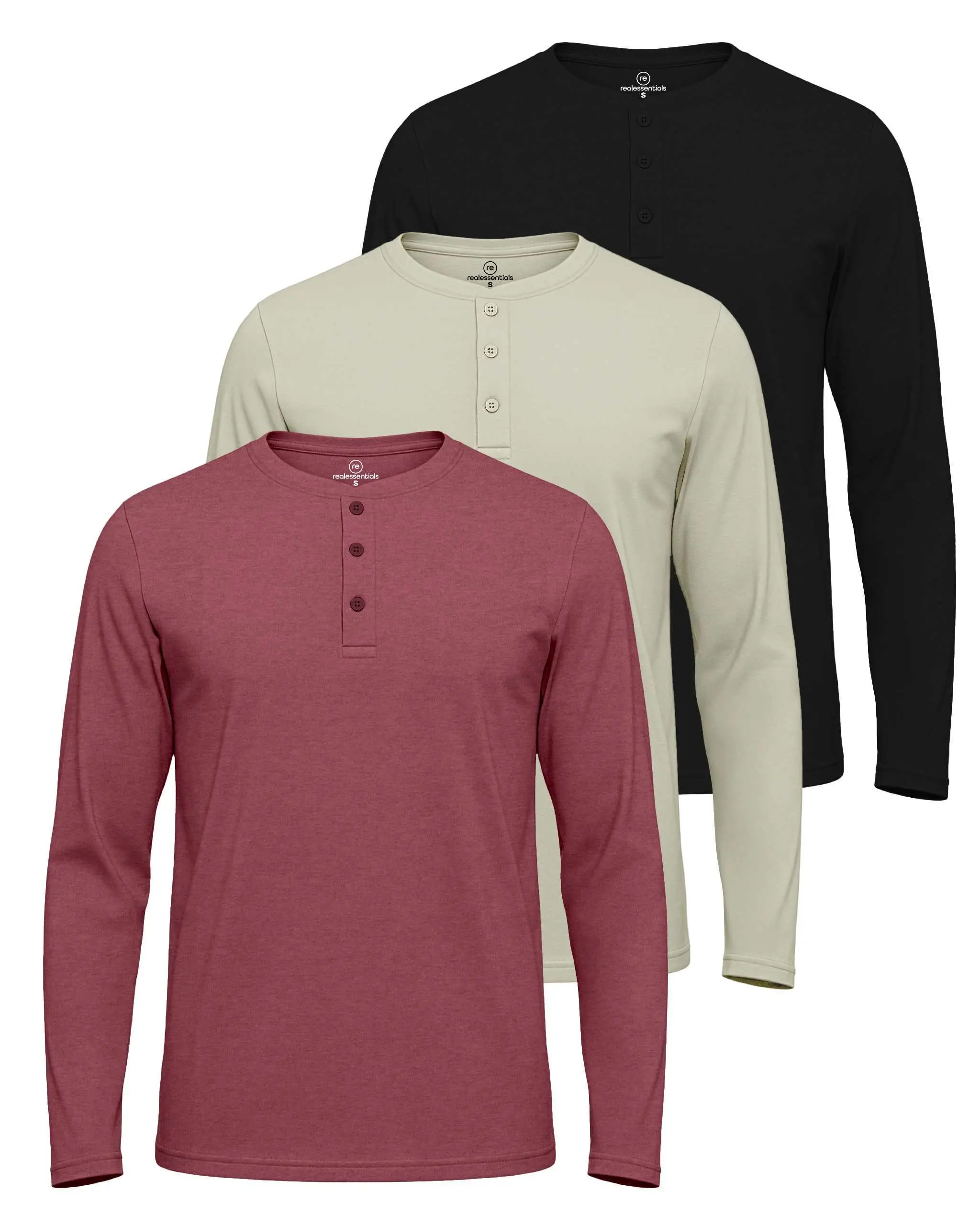 Real Essentials 3 Pack: Men's Cotton Long Sleeve Henley T-Shirt - Casual Work Activewear Tee (Available In Big & Tall)