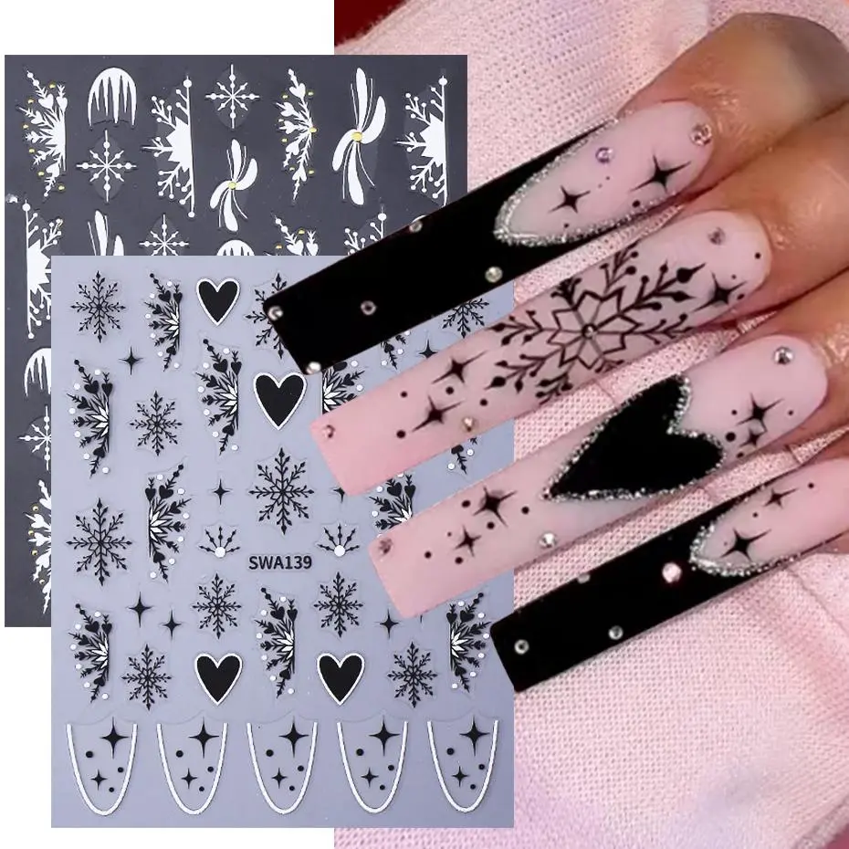 2pcs Black White Snowflake Nail Stickers 3D Love Heart French Star Design Nail Slider Decals DIY Christmas Manicure Decoration