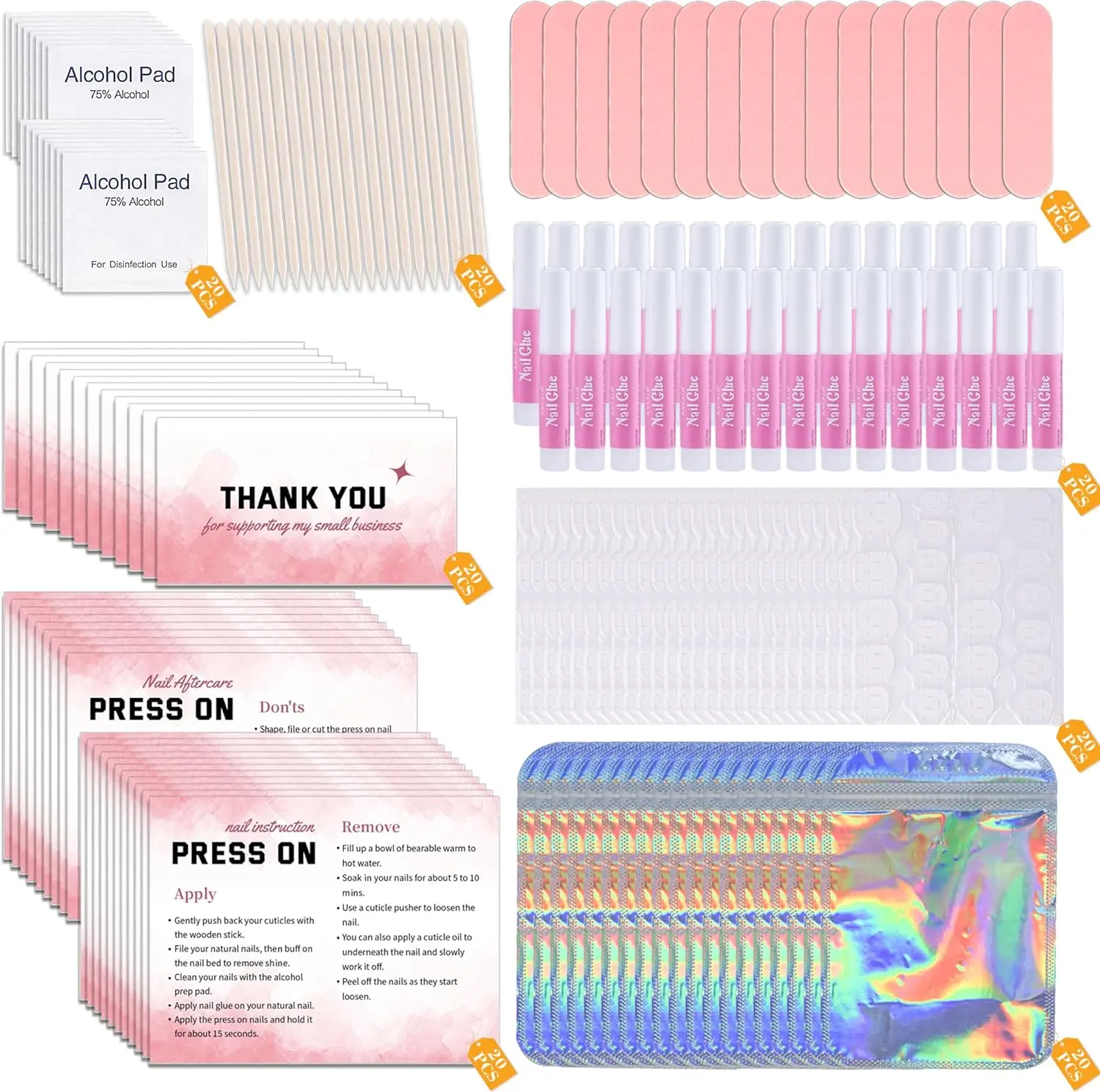 Press On Nail Tool Kit Nail Prep Kit Packaging (20pcs in Pink) | Nail Packaging Supplies for Nail Business with Nail File, Glue, Prep Pads, Instruction Card, Adhesive Tabs, Wood Stick, Bag