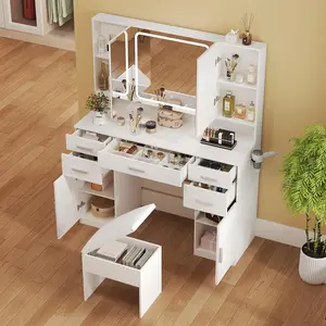 Vanity Desk with Mirror and Lights Makeup Vanity with Tri-Folding Lighting Mirror and Cushioned Stool Big Vanities Perfect for Bedroom White 5 Drawers & Adjustable Brightness TikTokShopfalldealsforyou
