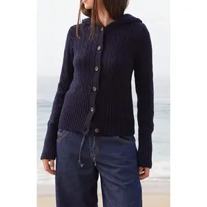 John Galt Women's Blue Cable Knit Button Down Hooded Sweater