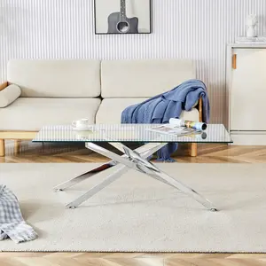 47.2" Rectangular Tempered Glass Coffee Table,Stylish Design with Silver Chrome Plated Metal Legs, Coffee Table for Living Room