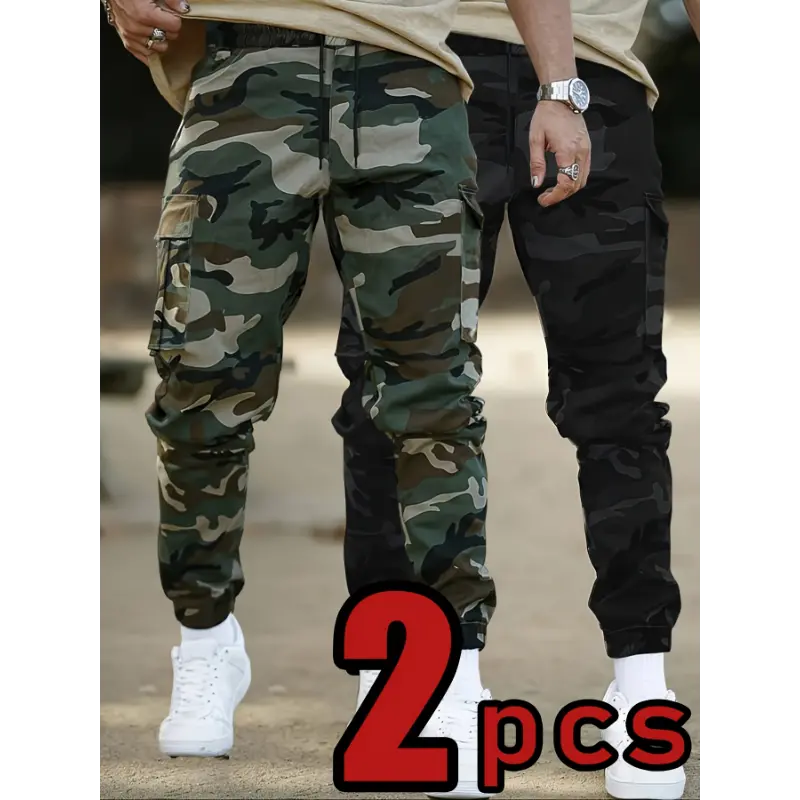 Men's Camo Cargo Joggers 2-Piece Casual Regular Fit Woven Polyester Sportswear Set, Non-Stretch, Cargo Pattern, Hand Wash Only, Multi-Size, Pockets, Outdoor Wear, All Seasons, XXS, Male, 2-Pcs, Camouflage