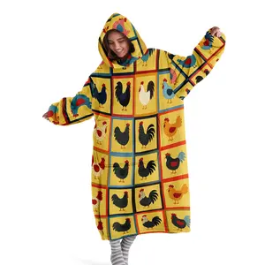 Hooded blanket, wearable blanket, yellow plaid rooster print hooded wearable blanket, digitally printed flannel blanket, soft and warm blanket, sofa throw, air-conditioning blanket, nap blanket, bed cover, office, camping, travel, Cozy hooded blanket