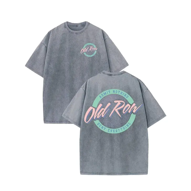 Old Row Men's Vintage Washed Batik T-Shirt BY 404714 - Dual-Sided Circle Logo Letter Print 230g Thick Cotton Street Retro Style Round Neck Short Sleeve Tee for Summer Grey Teal Knit Menswear Tops