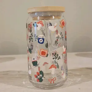 Cottage Core 16 oz Glass Cup with Bamboo Lid and Glass Straw - Perfect for Drinks - Mug, Drinkware cute glassware