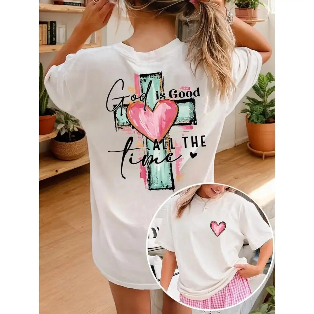 "God Is Always Good" Cross & Letter Print T-Shirt, Casual Short Sleeve Crew Neck Faith Apparel, Summer White clothes